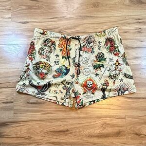 Ed Hardy Women's Beige Tattoo-Print High Waist Shorts